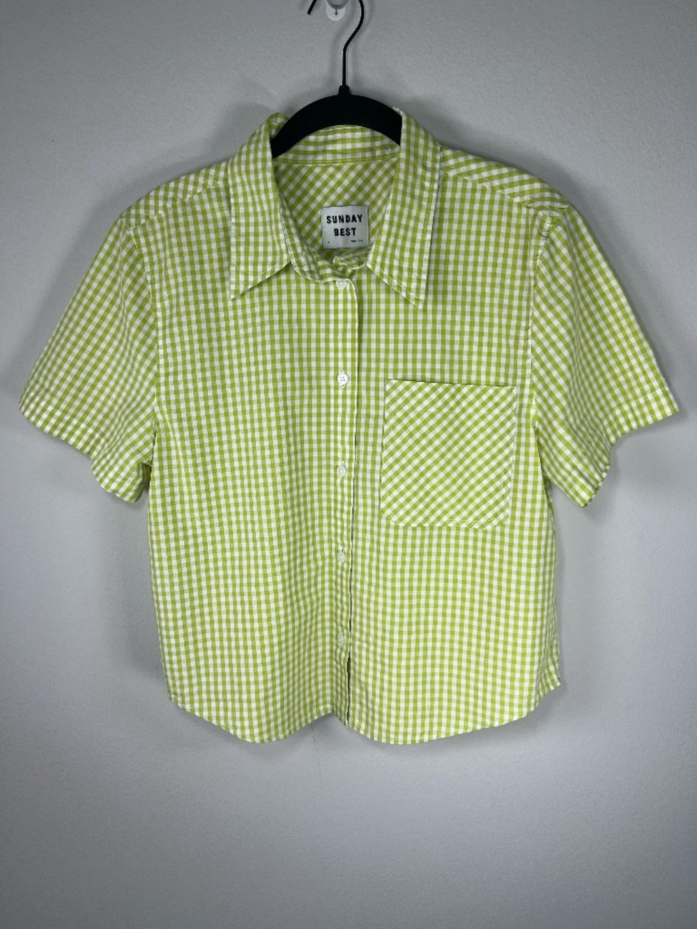 Aritzia Sunday Best Gingham Cropped Button Up Shirt Blouse Green White Boxy Med